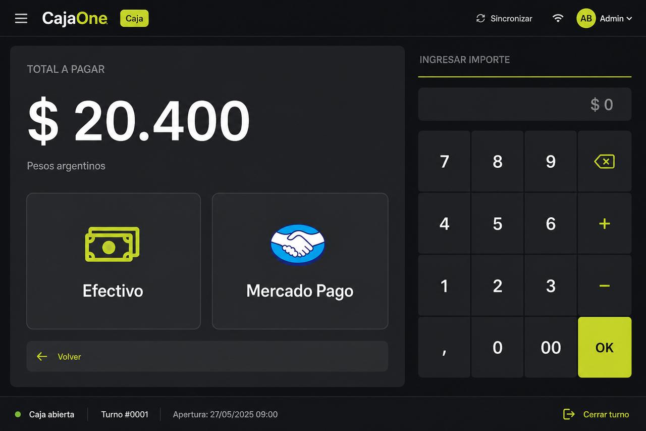 Pantalla de cobro efectivo o Mercado Pago